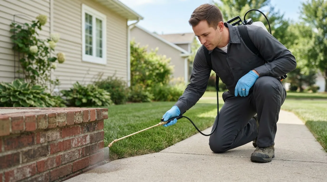 Pest control technician treating a home near Highland Lake, NY